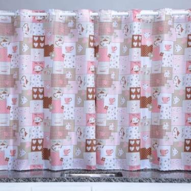 Imagem de Cortina Cozinha Oxford 2,00x1,40 Estampada Cappuccino Janela Vitrô Ilhós Blackout Blecaute Decorativa Poliéster Varão (Bule Rosa)