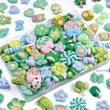 Imagem de 100 peças de pingentes de geleca azul verde sortidos, acessórios Kawaii, enfeite de resina plana de urso de coração doce para capas de telefone lixo, artesanato de scrapbooking e decoração DIY