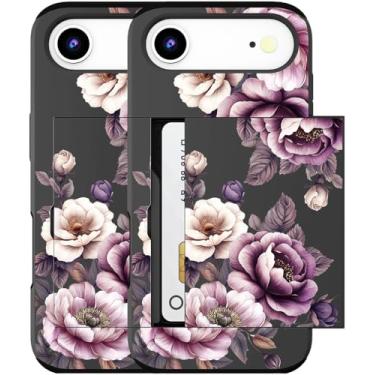 Imagem de MUQR Capa para celular 17 Air compatível com suporte de cartão fofo - Design Kawaii, proteção contra quedas de nível militar, capa carteira robusta para mulheres (flores rosas pretas e rosas)