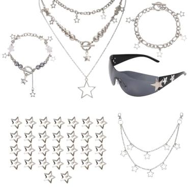 Imagem de Conjunto de Acessórios Y2K, Joias Vintage Rockstar para Mulheres Colar com 3 Estrelas e 2 Pulseiras Prata, Óculos Sol, Calças Hip-Hop, Corrente, Grampo de Cabelo com Estrela Presente Grunge