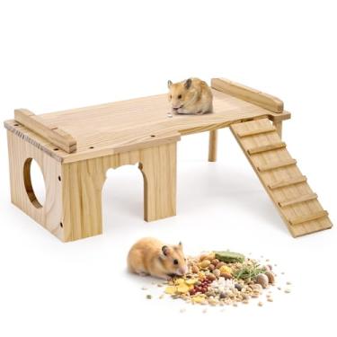 Imagem de Hacaroa Esconderijo de hamster de madeira com escada, grande plataforma de hamster para porquinho-da-índia, brinquedos de escalada para animais pequenos, acessórios de gaiola de chinchilas para