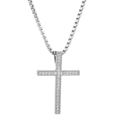 Imagem de SmallCat Colar de cruz de strass, pingente de fé de cruz de cristal banhado a prata para mulheres e homens, moldura linear com glitter, corrente de cruz religiosa inspiradora para uso diário, dia de