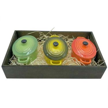 Imagem de Panelinhas Amarela, Verde, Laranja de Porcelana OVAL com Bandeja rusti
