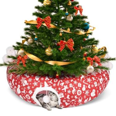 Imagem de Cama túnel de gato saia de árvore de Natal para gatos em ambientes internos, Maansfy grande caverna decorativa de Natal donut túnel tubo brinquedos de playground para gatinhos médio grande (vermelho)