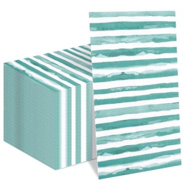 Imagem de JarThenaAMCS Guardanapos de papel descartáveis com listras aquarela, 100 peças, guardanapo de toalha de mão de jantar azul-petróleo e branco para casa, cozinha, banheiro, quarto de pó, casamento, chá