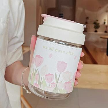 Imagem de Garrafa de vidro tulipa para café, bolha, chá, água, fofo, viagem, portátil, à prova de vazamento, copo de água com tampa de alça para presente