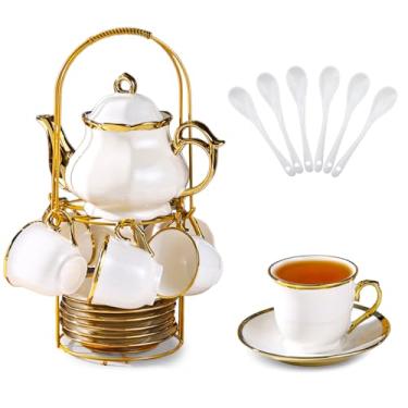 Imagem de Hebaogugu Conjunto de chá de porcelana com suporte de metal, conjunto de chá de cerâmica europeu para adultos, conjuntos de presente de chá de café, conjunto de pires de xícara de chá francês para