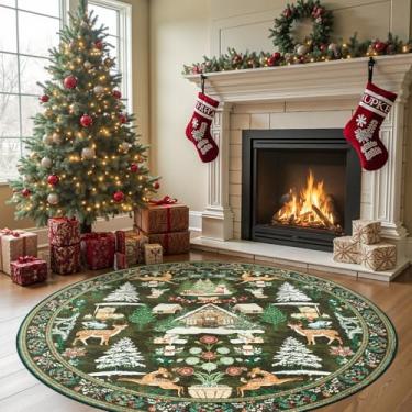 Imagem de jinchan Tapete redondo de Natal para sala de estar 1,8 m círculo verde tapete de férias para quarto estampado árvore de Natal e cabine 1,8 m, decoração de Natal, tapete lavável para sala de jantar