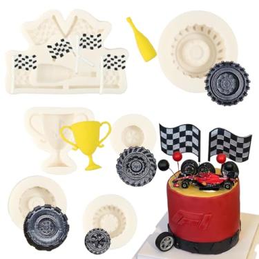 Imagem de IKOJING 6 peças de molde de fondant para decoração de bolo de pneu de carro, troféu de bandeira, chocolate, molde de silicone para assar massa, biscoito, doces, açúcar, artesanato, bricolage