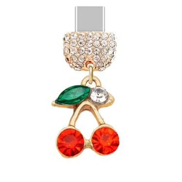 Imagem de ELISE & FONDA TP889 Tipo-C porta de carregamento cristal antipoeira pequeno 3D Cherry pingente de celular para iPhone 15/16/Samsung/OnePlus/Xiaomi/oppo telefones Android (vermelho)