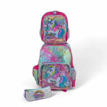 Imagem de Kit mochila rodinha lancheira bolsinha fuseco unicornio 