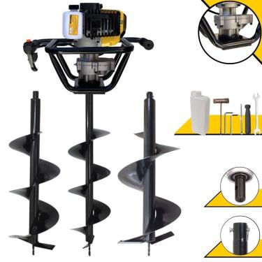 Imagem de Perfurador de Solo Profissional Lynus PSL517 À Gasolina 2T 52cc 1,8HP de Potência + KIT 3 Brocas 80X20 80X25 80X30 Para Plantio e Construção Civil