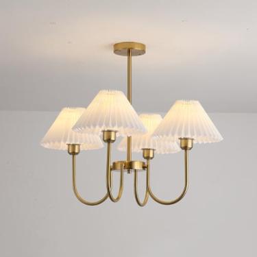 Imagem de Lustre Sputnik moderno dourado, luminária de teto semi-embutida com abajur de tecido plissado, luminária pendente vintage de meados do século para ilha de cozinha, quarto, mesa de jantar, sa