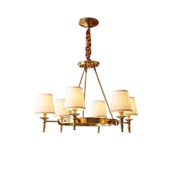 Imagem de Lustre moderno de latão com 5 luzes LED, abajur de tecido, luminária de teto compatível com sala de estudo/escritório, sala de jantar, decoração de sala de estar E14 Edison Lighting Flush