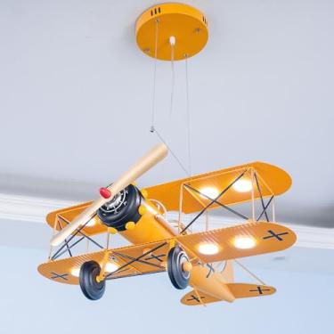 Imagem de Lustre infantil para quarto de meninos, lustre moderno de avião, luminária pendente de teto LED regulável, helicóptero vintage, metal, aeronave industrial, lâmpada suspensa para quarto de me