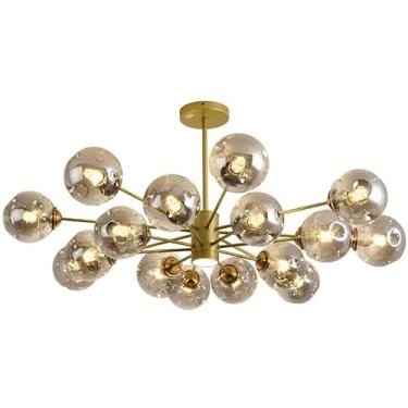 Imagem de Lustre de vidro dourado Sputnik, luminária de teto com holofote LED, bola preta âmbar, luminária moderna de meados do século para sala de estar, sala de jantar, cozinha, quarto