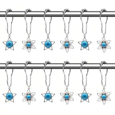 Imagem de 12 peças de ganchos decorativos de cortina de chuveiro de flor de estrela azul para varões, anéis de cortina de chuveiro de aço inoxidável prateados, ganchos de gancho para cortina de chuveiro