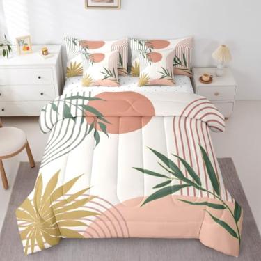 Imagem de Conjunto de edredom Queen com folhas geométricas, arte moderna abstrata em uma bolsa, conjunto de cama verde rosa de meados do século inclui edredom, conjunto de lençol, fronhas e fronhas, decoração