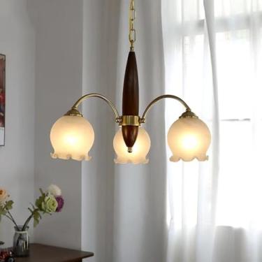 Imagem de Lustre de vidro leitoso com 6 luzes, lustre de madeira moderno de meados do século, luminária pendente vintage rústica de teto para cozinha, quarto de fazenda, sala de estar, sala de jantar,