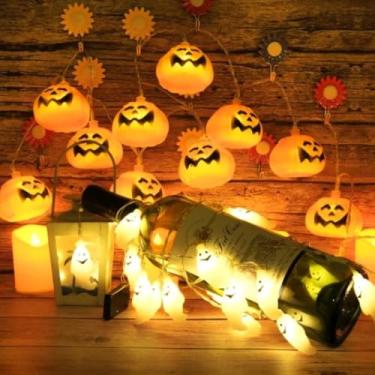 Imagem de Kit 10 Luzes de Fio LED Halloween a Pilha - Decoração com Caveira ou Olho para Festas Dia das Bruxas (Pisca abobora)