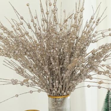 Imagem de Haste artificial de Natal com glitter azevinho, 12 peças de galhos falsos de bagas douradas, champanhe, 42 cm, palitos de caule de bagas de azevinho para árvore de Natal, arranjos florais, vaso para