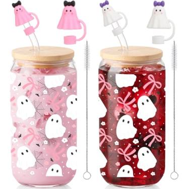 Imagem de Sliner 2 peças de copos de vidro fantasma de Halloween de 473 ml com tampas, canudos e tampa de ponta de palha fantasma Caneca de café gelado de Halloween Copos de vidro Boo Spooky Basket Stuffers