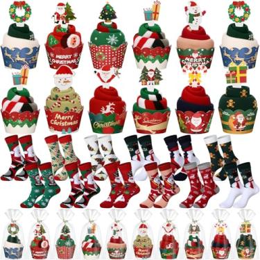 Imagem de Cutecrop 12 pares de meias femininas felpudas para cupcake de Natal com 12 cintos de papel para cupcake, 12 topos de bolo, 12 sacos de embalagem, um rolo de fita transparente para presente de inverno