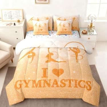 Imagem de Conjunto de edredom solteiro para amantes de ginástica, 7 peças, com estampa de corações laranja e glitter, para crianças e adolescentes, linda silhueta de ginasta, decoração de quarto, dormitório