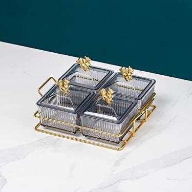 Imagem de Pratos de servir divididos de plástico com bandeja de metal, bandeja de saborear tigelas removíveis para aperitivo, molho, nozes, frutas, doces, lanches, cinza, 4 compartimentos A