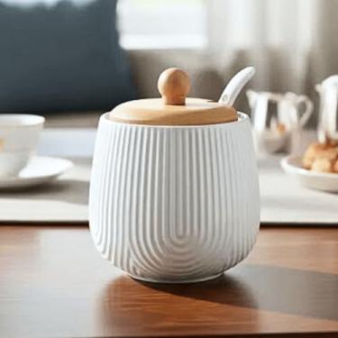 Imagem de Açucareiro Oasis Cerâmica Branca Bambu Colher Textura 360ml