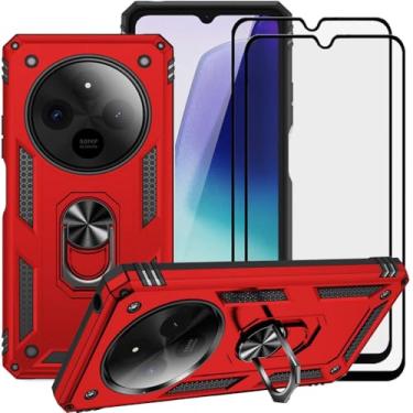 Imagem de LosruGir Capa para Xiaomi Redmi 14C com protetor de tela de vidro [2 unidades], híbrida, resistente, camada dupla, antiarranhões, à prova de choque, capa protetora com suporte, vermelha
