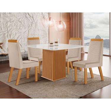 Imagem de Conjunto Sala de Jantar Mesa Riviera com Tampo de Vidro 90cm e 4 Cadeiras Riviera LJ Móveis - Castanho Cinamomo/ Creme/Off White