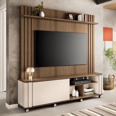 Imagem de Estante Home Ripada para TV até 70 Polegadas 1 Porta de Correr com Rodízios Trinus HB Móveis - Castanho/Off White