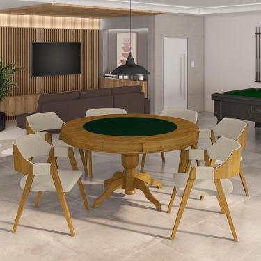 Imagem de Conjunto Mesa de Jogos Carteado Bellagio Tampo Reversível Verde e 6 Cadeiras Madeira Poker Base Estrela Linho OffWhite/Mel G42 - Gran Belo