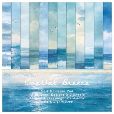 Imagem de Bloco de papel para scrapbook, 15 x 15 cm, impressão em um lado, 24 folhas de designer premium oceano ondas do mar pacote de papel estampado para álbum de scrapbook de arte (brisa costeira)