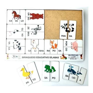 Imagem de Brinquedo Educativo Pedagógico Quebra Cabeça em Madeira Aprendendo Sílabas com Animais - Mega Impress