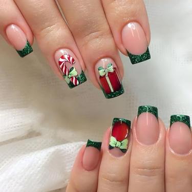 Imagem de Caixa de presente de bengalas de doces de Natal com glitter e cola brilhante nas unhas - Unhas de acrílico com ponta francesa quadrada média - 24 peças