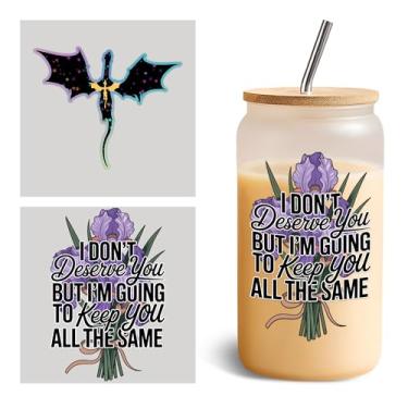 Imagem de Conjunto de 2 peças I Don't Deserve You UV DTF Cup Wraps para 473 ml Vidro Quarta Asa, Decalque de Transferência a Frio para Copos de Vidro Chifres de Veado, Flor de Espada, Livros, Vinil para Amantes