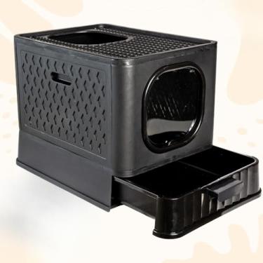 Imagem de Caixa de Areia Fechada Luxo para Gatos - Banheiro Pet com Porta Transparente, Gaveta e 2 Comedouros(SB LUXO - BLACK)