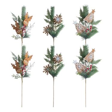 Imagem de TEMPUS 6 peças de enfeites de árvore de Natal, ramos de agulha de pinheiro de 40 cm com flocos de neve de rena de feltro, mesa de Natal, centro de mesa, decoração de casa de inverno, artesanato DIY