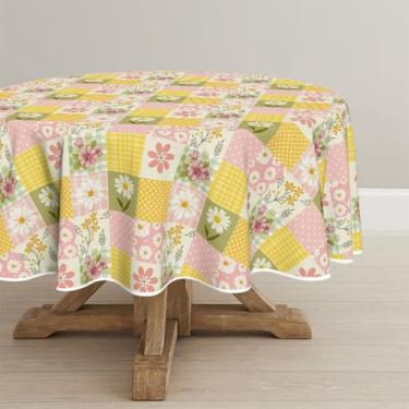 Imagem de Horaldaily Toalha de mesa redonda de primavera, 178 x 177 cm, estampa xadrez de búfalo laranja, estampa de bolinhas, dasiy, lavável e sazonal para decoração de festa, piquenique, jantar