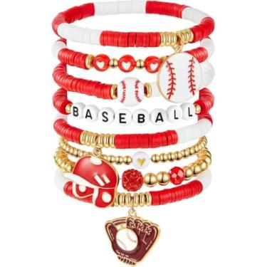 Imagem de KLSKLYL 【Conjunto de 8 peças de pulseiras Super Bowl】 Pulseiras com tema esportivo para dia de jogo – Conjunto de miçangas unissex de futebol, basquete, vôlei e beisebol, One Size, Argila de polímero