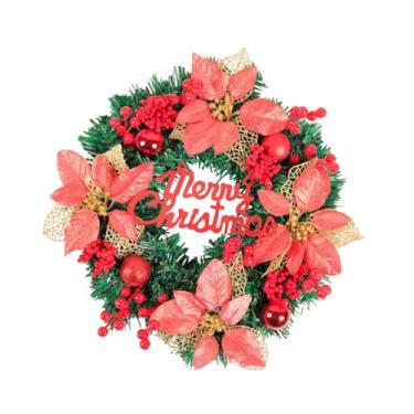 Imagem de KiBcsLic Guirlanda de porta de Natal feliz, folhas verdes, frutas vermelhas, enfeites de bola, guirlanda de flores artificiais de poinsétia para casa, árvore, Red 40cmx8cm