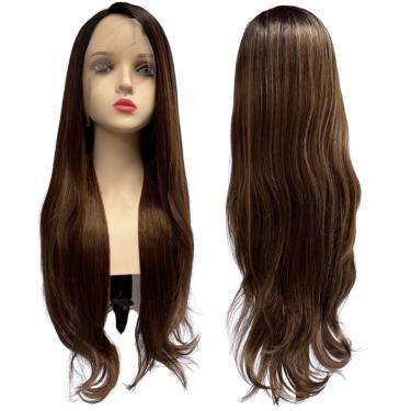 Imagem de Peruca front lace HD orgânica castanho claro mechado R43327