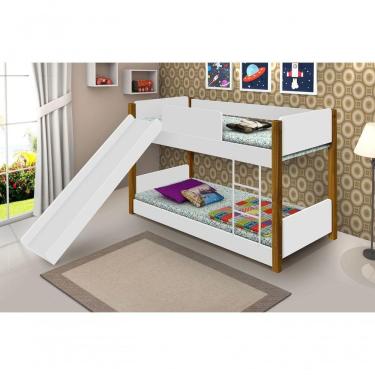 Imagem de Beliche Mini Cama Branca E Mel Com Escorregador E Colchões