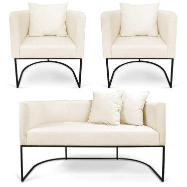 Imagem de Kit 01 Namoradeira 02 Lugares E 02 Poltronas Paola Linho Base Metálica Preto Cor A19 Grosso Bege