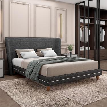 Imagem de Conjunto Cama Com Cabeceira King Torres Pés Em Madeira Linho Chumbo G91 - Gran Belo