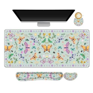 Imagem de ARTSO Conjunto de tapete de mesa, tapete de mouse para jogos estendido água-marinha com suporte para descanso de pulso + descanso de pulso para teclado + porta-copos de borboleta, grande e fofo para