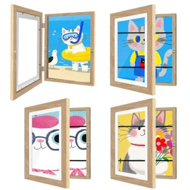 Imagem de HEPFLANZE Pacote com 4 molduras de arte infantis, mutáveis, 25 x 30 cm, projetos de arte infantis, moldura de exibição de imagem com abertura frontal, madeira