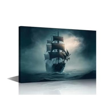 Imagem de TUMOVO Arte de parede para sala de estar paisagem marítima quarto decoração de parede navio pirata pinturas de parede náuticas para escritório impressão em tela arte moderna esticada e emoldurada